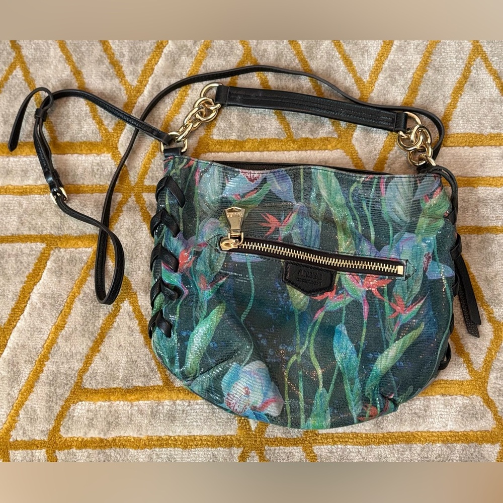 Aimee Kestenberg Rich Tropical Floral Flowers Shimmer Crossbody Bag Purse EUC